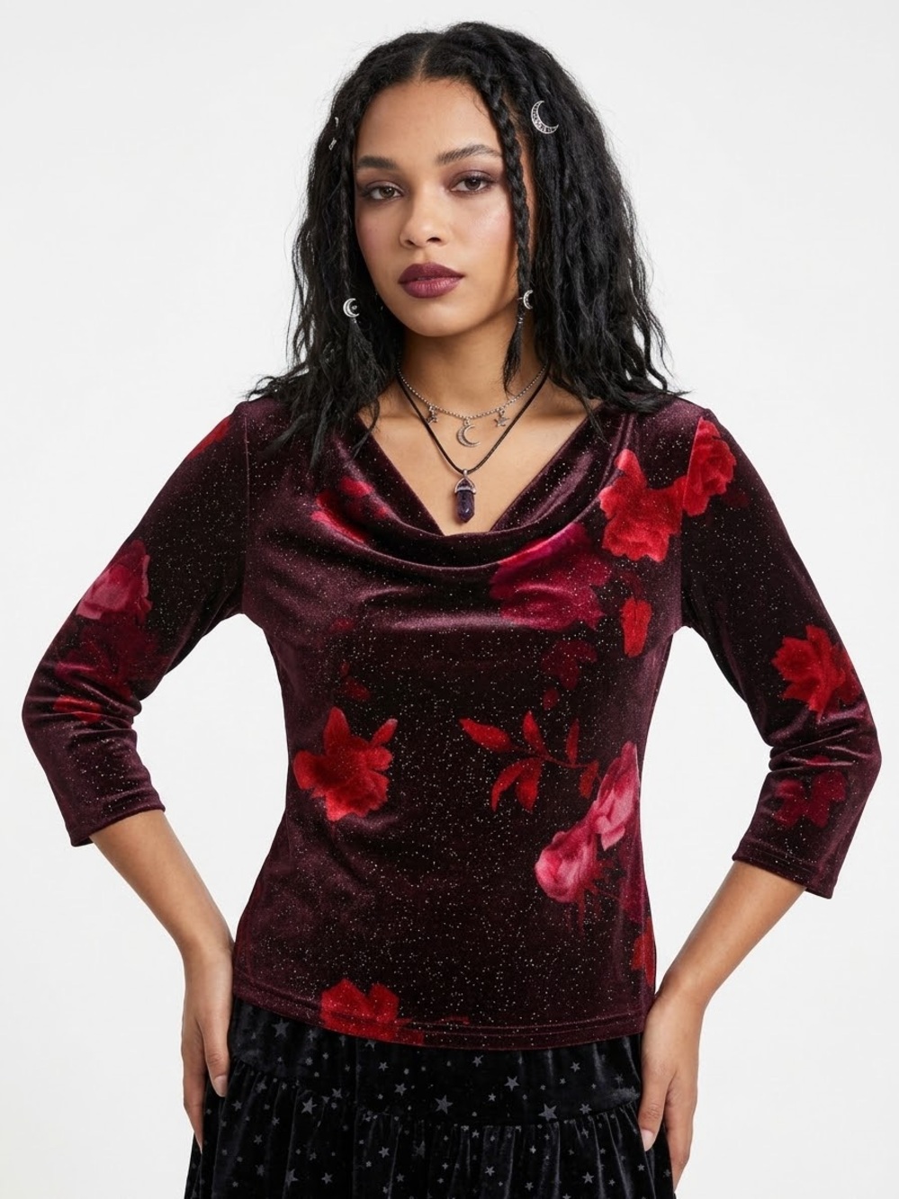 Y2K Whimsigoth Rose Print Cowl Neck Top Glitter Bratz McBling Witchy Grunge